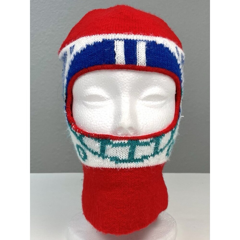 VTG 80s Mens Red Knit Football Helmet Face 1 Hole SKI MASK Balaclava Winter Cap